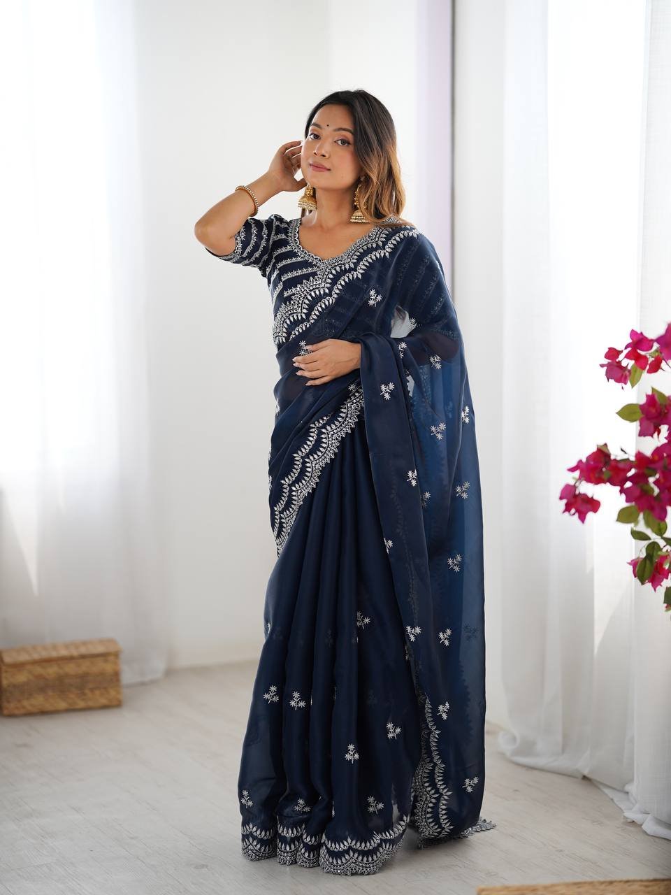 Women's Elegant Regal Purple Georgette Saree with Intricate Silver Thread & Sequin Embroidery – Complete with Embellished Blouse Piece for Festive & Party Wear - Image 14