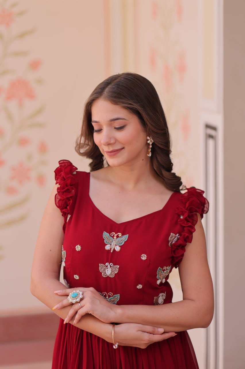 Women's Elegant Plum Purple Georgette Anarkali Gown with Butterfly Applique & Ruffle Sleeves – Festive & Special Occasion Wear - Image 10